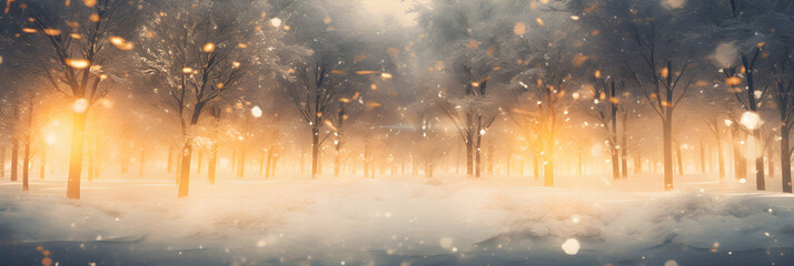 Snow falls in the forest. Golden lights. Seasonal winter christmas background mood, copy space, generative ai