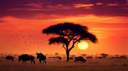 Silhouetted Wildebeest at African Sunset