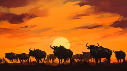 Fototapeta na wymiar Silhouetted Wildebeest at African Sunset