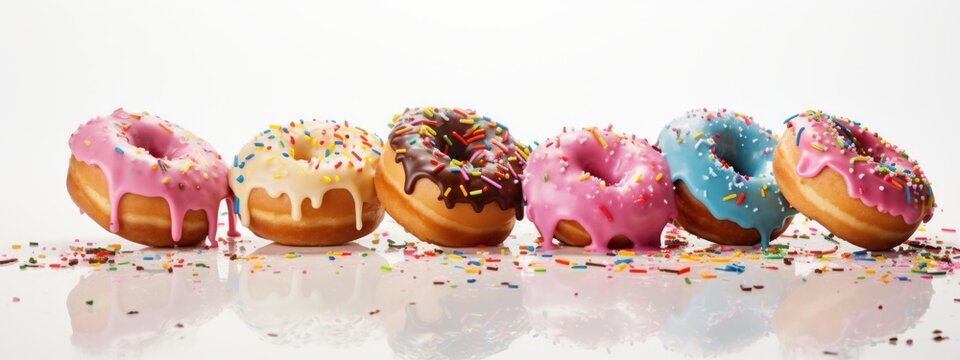 Donut doughnut background sweet isolated food cake dessert pastry white bakery. Chocolate doughnut background sprinkles pink donut color decorated glaze candy eat cookie blue sugar birthday milkshake.