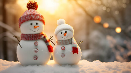 Winter holiday christmas background banner. Closeup of happy to snowmans in a red scarf and hat. Magic spruce forest in the snow. Sunny light backdrop. Generative AI. - obrazy, fototapety, plakaty