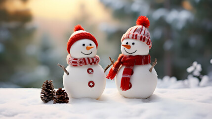 Fototapeta premium Winter holiday christmas background banner. Closeup of happy to snowmans in a red scarf and hat. Magic spruce forest in the snow. Sunny light backdrop. Generative AI.