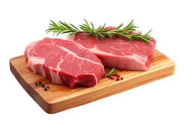 a raw meat placed on a rustic wooden surface with a transparent background, highlighting the natural and organic qualities of the ingredients.	
