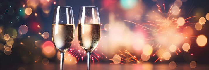 Two glasses of champagne and colorful sparklers in the background, blurry magical backdrop, New Year's firework banner, free copy space, generative ai