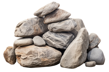 Pile of rocks or stones on a white background; pyramid arrangements of huge stones	

