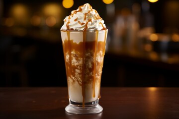 Indulgent Caramel-Vanilla Milkshake Garnished with Whipped Cream and a Generous Caramel Drizzle