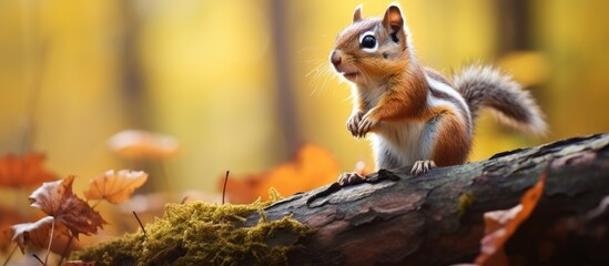 Chipmunks from Siberia grooming themselves within an autumnal woodland setting