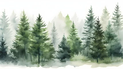 Deurstickers Watercolor painting of green forest woods trees wallpaper, seasonal background, generative ai © pawczar