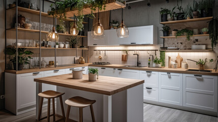 White kitchen with wooden shelves and potted plants.