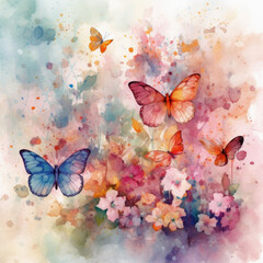 Watercolor painting of butterflies and flowers.