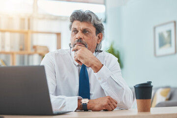 Business man, laptop and thinking of work from home schedule, decision and planning or brainstorming, Focus, decision and professional boss, entrepreneur or indian person on computer in office