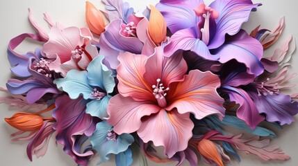  a close up of a bunch of flowers on a white background with pink, purple, and blue flowers in the center.  generative ai
