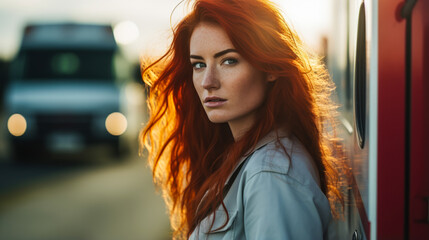 Redhead female doctor, windswept hair, arms crossed, ambulance backdrop.