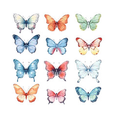 Watercolor colorful butterflies set on white background