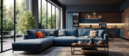 Cozy blue sofa in modern living room with large windows overlooking dark kitchen - obrazy, fototapety, plakaty