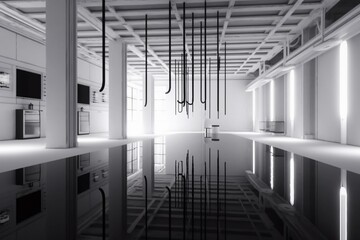 Abstract white interior with minimalist wires, neon lighting, and black water. 3D illustration and rendering. Generative AI