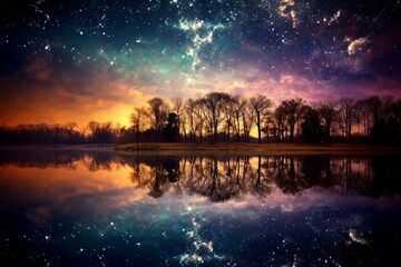 Night sky reflection on tranquil lake. Generative AI - obrazy, fototapety, plakaty