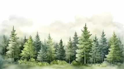 Foto op Aluminium Watercolor painting of green forest woods trees wallpaper, seasonal background, generative ai © pawczar