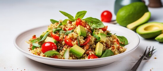 Vegan dish consisting of a white stone table adorned with a quinoa salad comprising of avocado spinach paprika and tomatoes