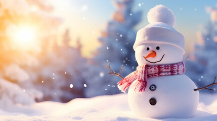 Winter holiday christmas background banner. Closeup of happy snowman in a red scarf and hat. Magic spruce forest in the snow. Sunny light backdrop. Generative AI. - obrazy, fototapety, plakaty