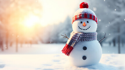 Fototapeta premium Winter holiday christmas background banner. Closeup of happy snowman in a red scarf and hat. Magic spruce forest in the snow. Sunny light backdrop. Generative AI.