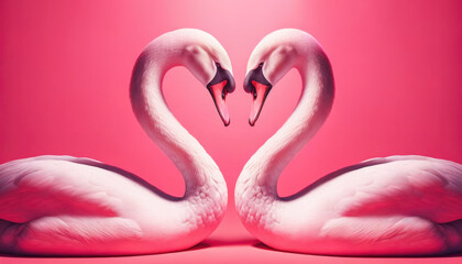Romantic swans forming a heart shape, Swan couple for Valentine's Day on pink background