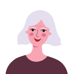 Elderly beautiful woman with gray hair hand drawn vector flat illustration. Background card for text with woman's face over 50, lifestyle, beauty and health adult women. Design element for print, card