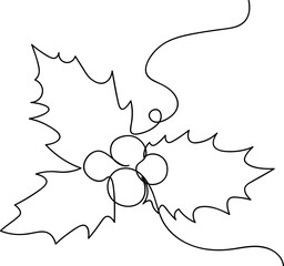 Holly berries continuous one line drawing. Christmas icon. Mistletoe berries and leaves line art. Hand drawn sketch. Xmas and New Year symbol. Isolated on white. Vector illustration.