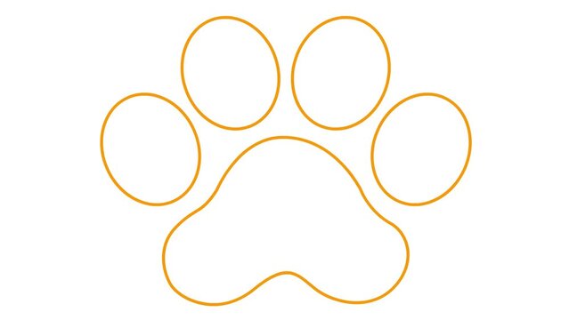 Animated linear cat orange footprint. A cat's paw print appears. Looped video. Vector illustration isolated on white background