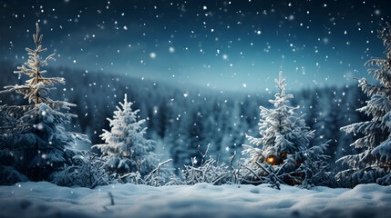 Obraz na płótnie Canvas Festive winter background with Christmas trees covered with falling snow. Spruce branches covered with fluffy fresh snow. Seasonal background. Magical atmosphere with lights. Copy space. Generative AI