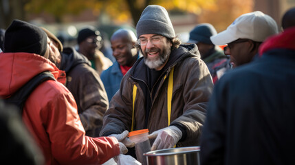 A person smiles while volunteering, handing out food to a diverse community at an outdoor charity event.