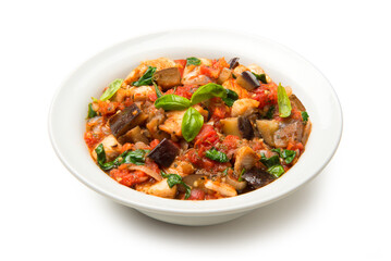 Eggplant stew with tomatoes and spinach in a salad isolated on white background. - 671792107
