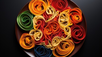  a plate filled with colorful rolled up pasta on top of a black table next to a white plate with red, yellow, green, blue, and orange spirals.  generative ai