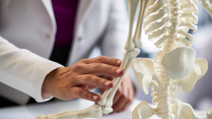 Obraz na płótnie Canvas Hand detailing 3D skeletal model, European osteopath clinic background.
