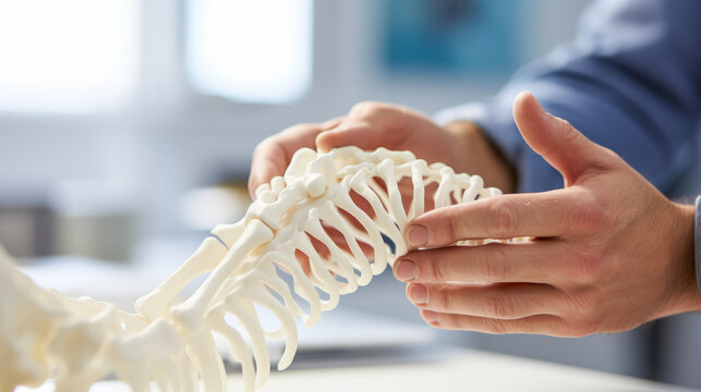 Hand adjusting 3D skeletal model in European osteopath clinic.
