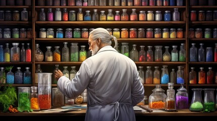 Scientist in white lab coat measures and mixes ingredients in a traditional medicine laboratory. Glass beakers, test tubes, shelves filled with colorful liquids and powders create a visually striking