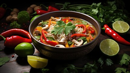 Vibrant Thai coconut curry soup with vegetables, bell peppers, broccoli, mushrooms, cilantro, lime....