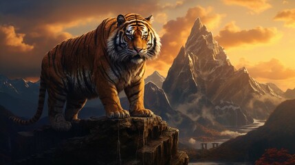 tiger in the mountains - obrazy, fototapety, plakaty