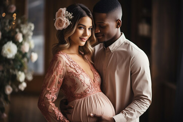 Portrait of beautiful pregnant woman with her black husband in the bedroom. ia generated