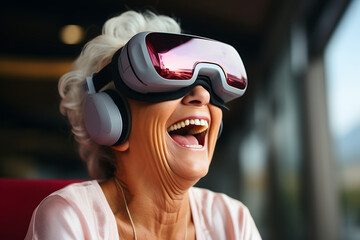 Close-up portrait of a happy older woman wearing virtual reality headset. ia generated - obrazy, fototapety, plakaty