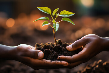 Hands holding green seedling in soil on blurred nature background. ia generated