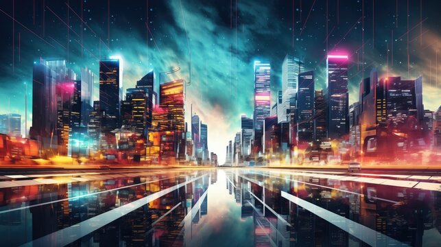 Vibrant cyberpunk cityscape with glitched and distorted buildings, flickering neon lights, and vibrant colors. A futuristic urban landscape captured in abstract digital glitch art