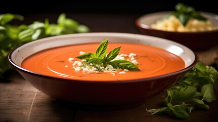A steaming bowl of creamy tomato bisque soup, garnished with fresh basil and drizzled with olive oil. This hyper-realistic stock photo captures the appetizing and delicious nature of this soup