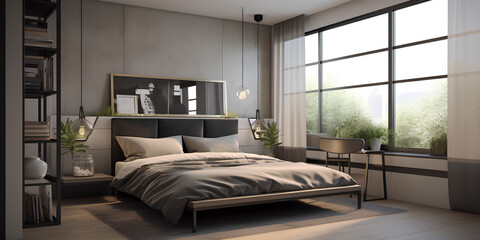 Bauhaus style bedroom with large window