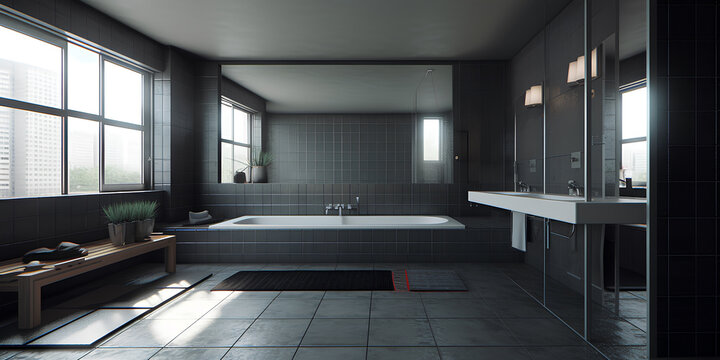 Bauhaus style interior of bathroom in dark gray color