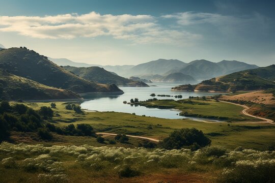 A photograph of a landscape with hills and a body of water in the foreground. Generative AI