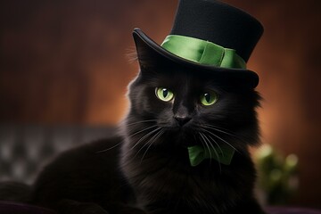 Black cat wearing a green hat on St. Patrick's Day. Generative AI