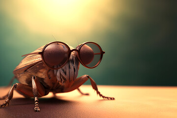 Creative animal concept. Bug insect in sunglass shade glasses isolated on solid pastel background, commercial, editorial advertisement, surreal surrealism.	