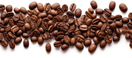 Obraz premium Top view of isolated white background with pile of roasted coffee beans
