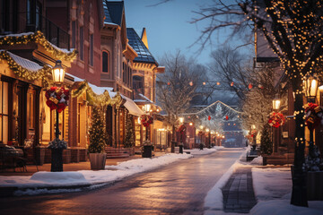 Fototapeta premium snowy evening street decorated with christmas decorations. winter holidays in the town